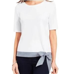 Talbots White Short sleeve Stripe Tie-Waist Prima Cotton T-Shirt Size SP NWOT